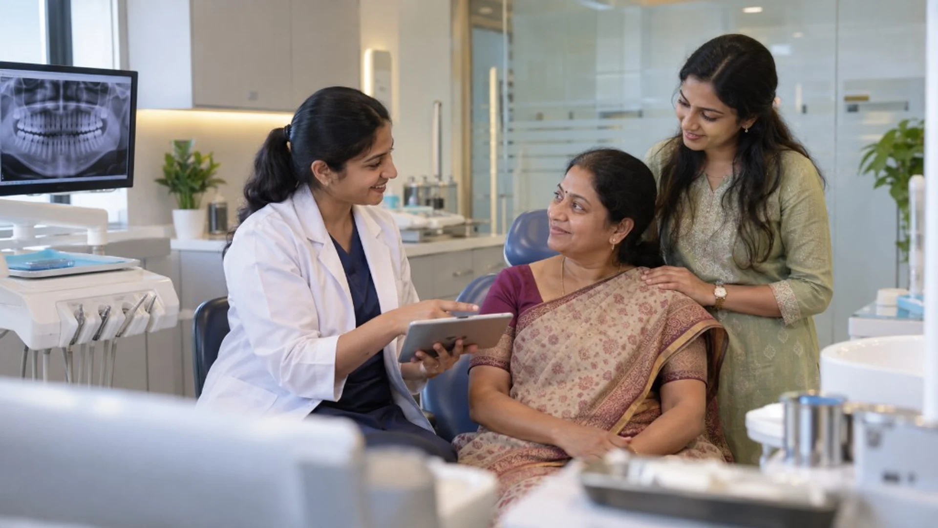 Dentist reviewing a treatment plan on a tablet with a patient and family member
